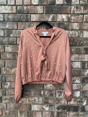 NWT Pearl-Embellished Blouse in Tan